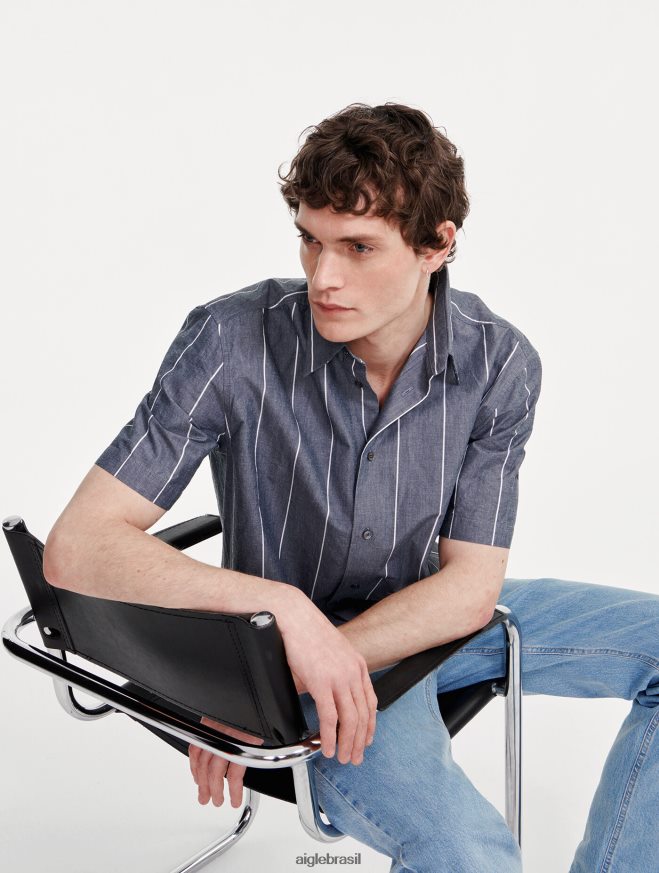 Aigle roupas camisa listrada de algodão/linho manga curta império st homens RX2B88127