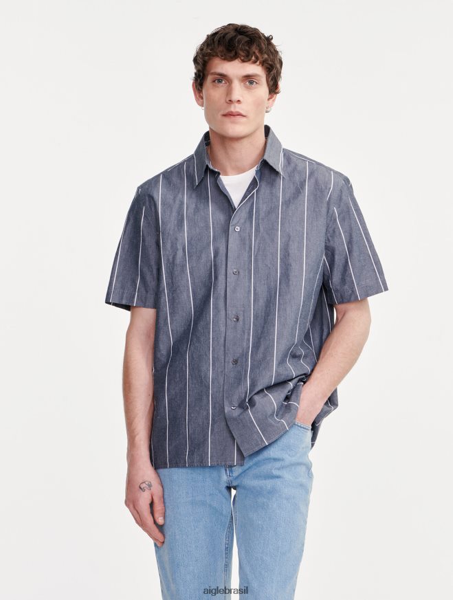 Aigle roupas camisa listrada de algodão/linho manga curta império st homens RX2B88127