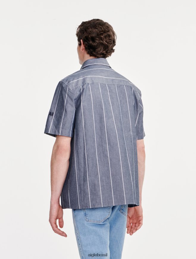 Aigle roupas camisa listrada de algodão/linho manga curta império st homens RX2B88127
