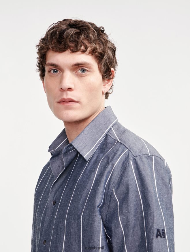 Aigle roupas camisa listrada de algodão/linho manga curta império st homens RX2B88127