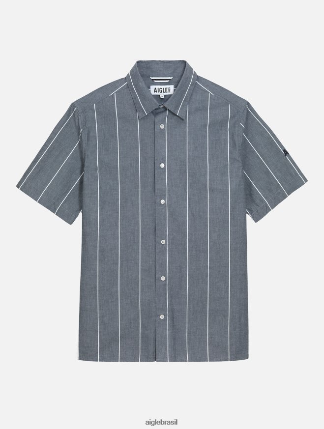 Aigle roupas camisa listrada de algodão/linho manga curta império st homens RX2B88127