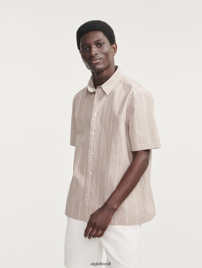 Aigle roupas camisa listrada de algodão/linho manga curta vime st homens RX2B88136
