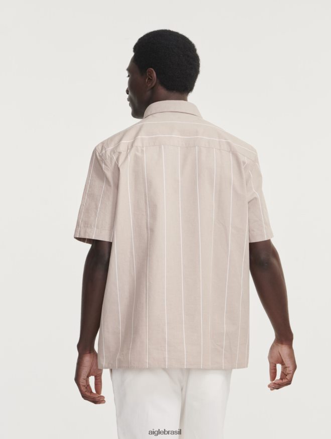 Aigle roupas camisa listrada de algodão/linho manga curta vime st homens RX2B88136