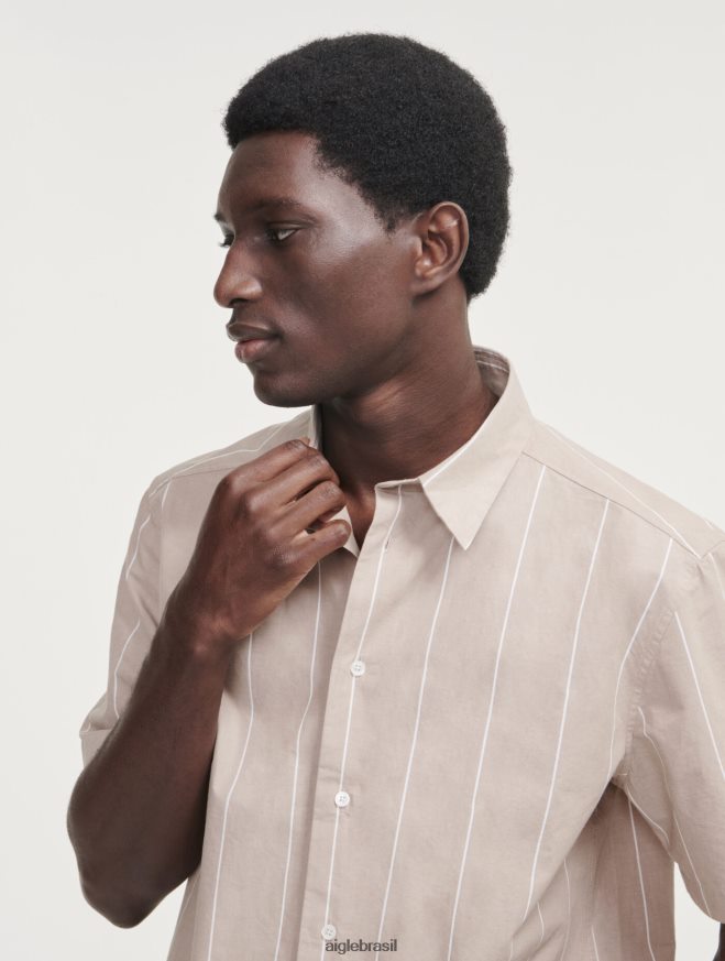 Aigle roupas camisa listrada de algodão/linho manga curta vime st homens RX2B88136