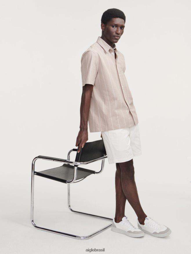 Aigle roupas camisa listrada de algodão/linho manga curta vime st homens RX2B88136