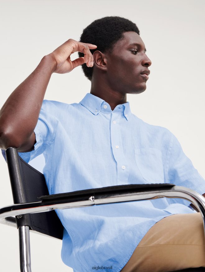 Aigle roupas camisa manga curta em linho azul celeste homens RX2B88131