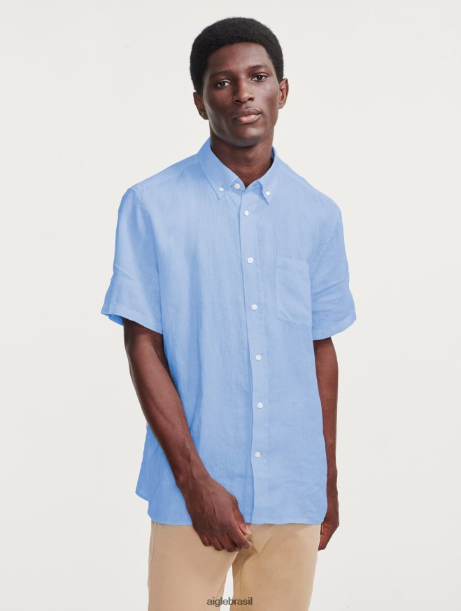 Aigle roupas camisa manga curta em linho azul celeste homens RX2B88131