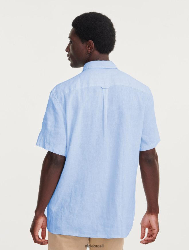 Aigle roupas camisa manga curta em linho azul celeste homens RX2B88131
