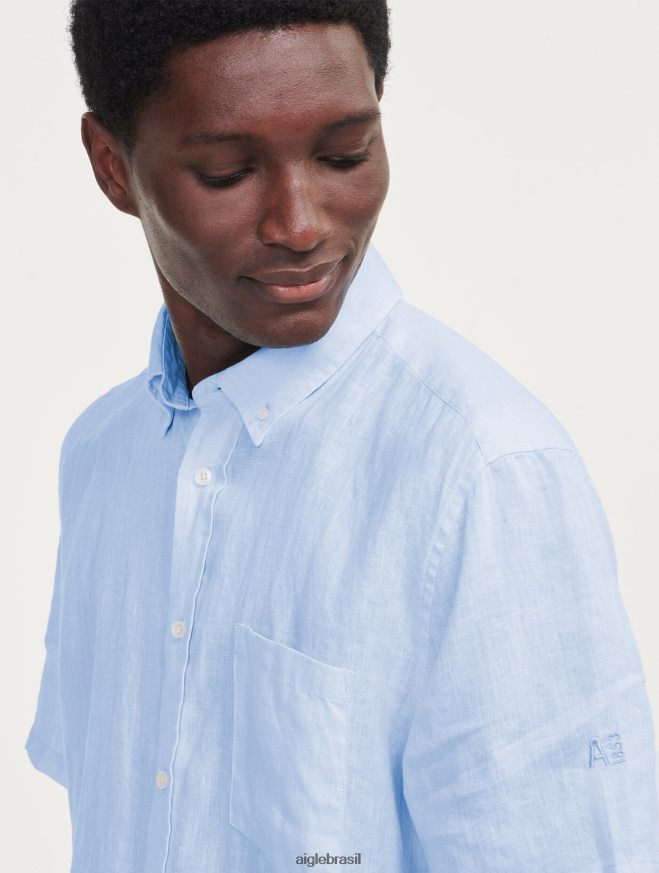 Aigle roupas camisa manga curta em linho azul celeste homens RX2B88131