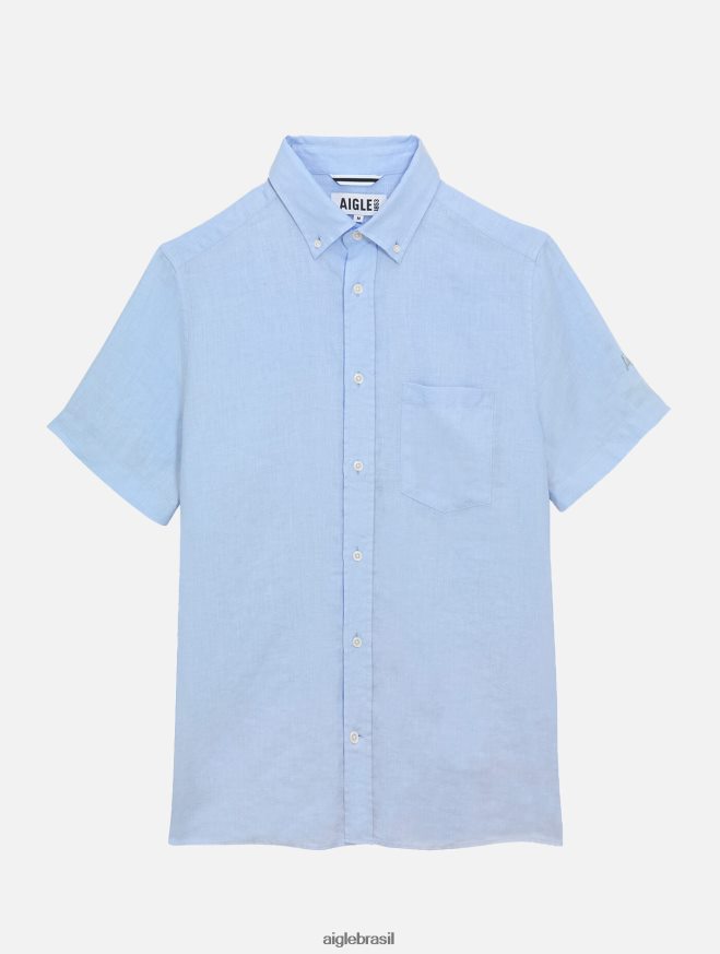 Aigle roupas camisa manga curta em linho azul celeste homens RX2B88131