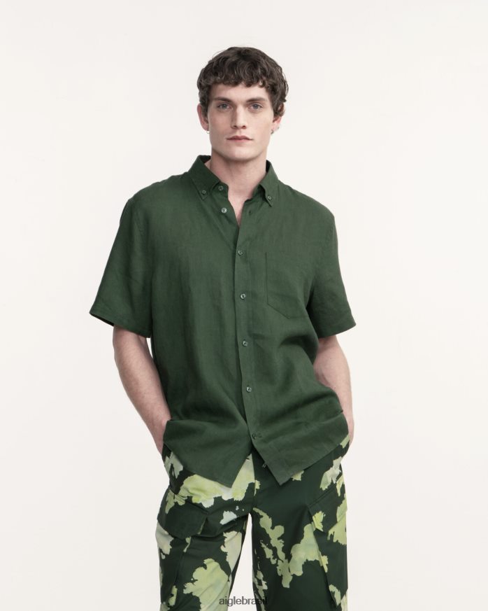 Aigle roupas camisa manga curta em linho botânico homens RX2B8855