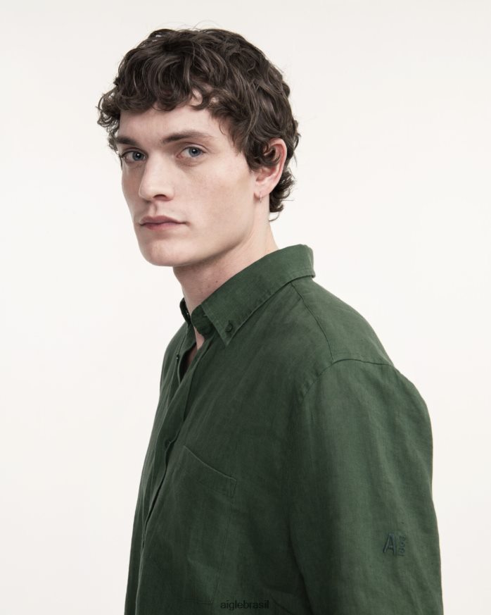 Aigle roupas camisa manga curta em linho botânico homens RX2B8855