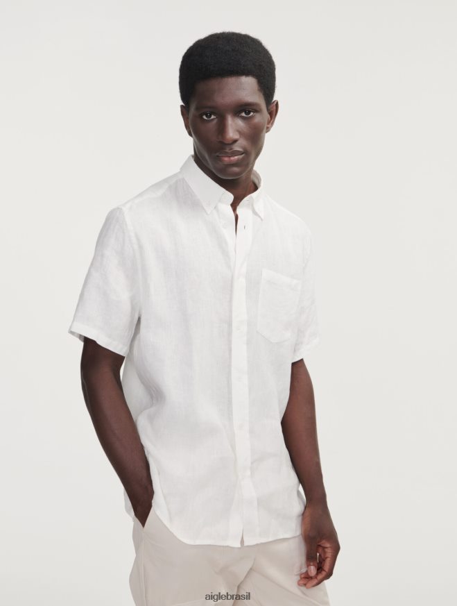 Aigle roupas camisa manga curta em linho leite homens RX2B88145