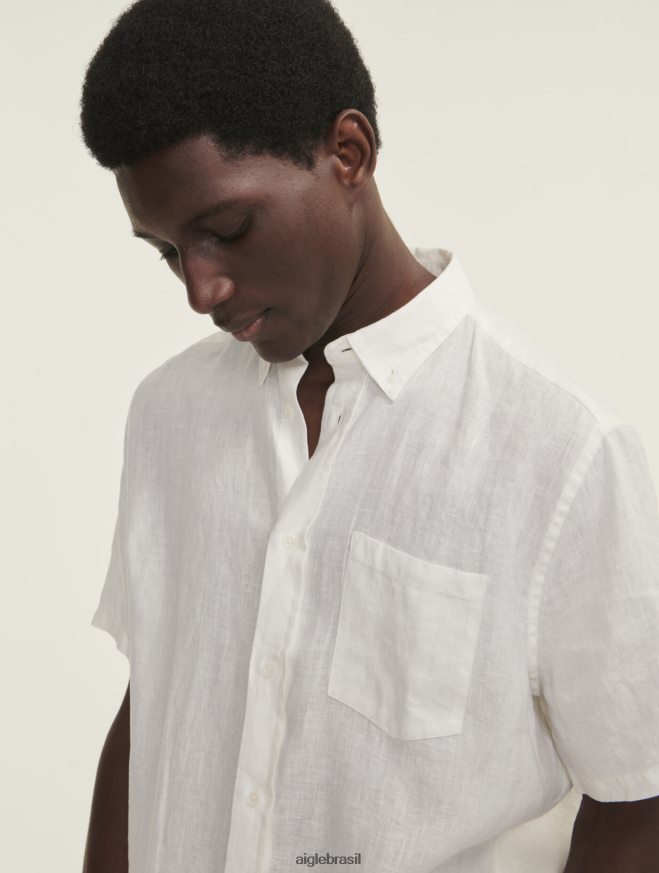 Aigle roupas camisa manga curta em linho leite homens RX2B88145