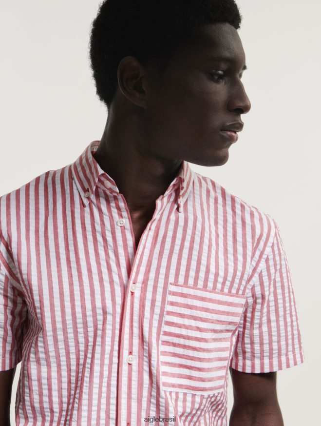 Aigle roupas camisa manga curta listrada seersucker rua vermelha homens RX2B8873