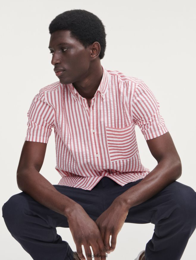 Aigle roupas camisa manga curta listrada seersucker rua vermelha homens RX2B8873