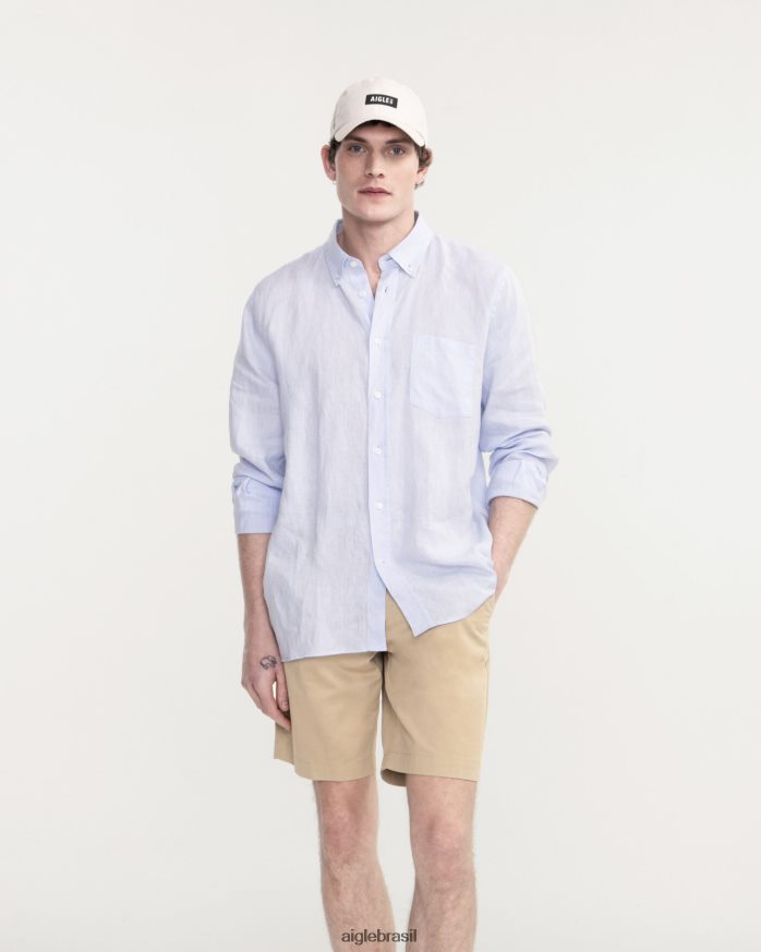 Aigle roupas camisa manga longa em linho azul celeste homens RX2B8822