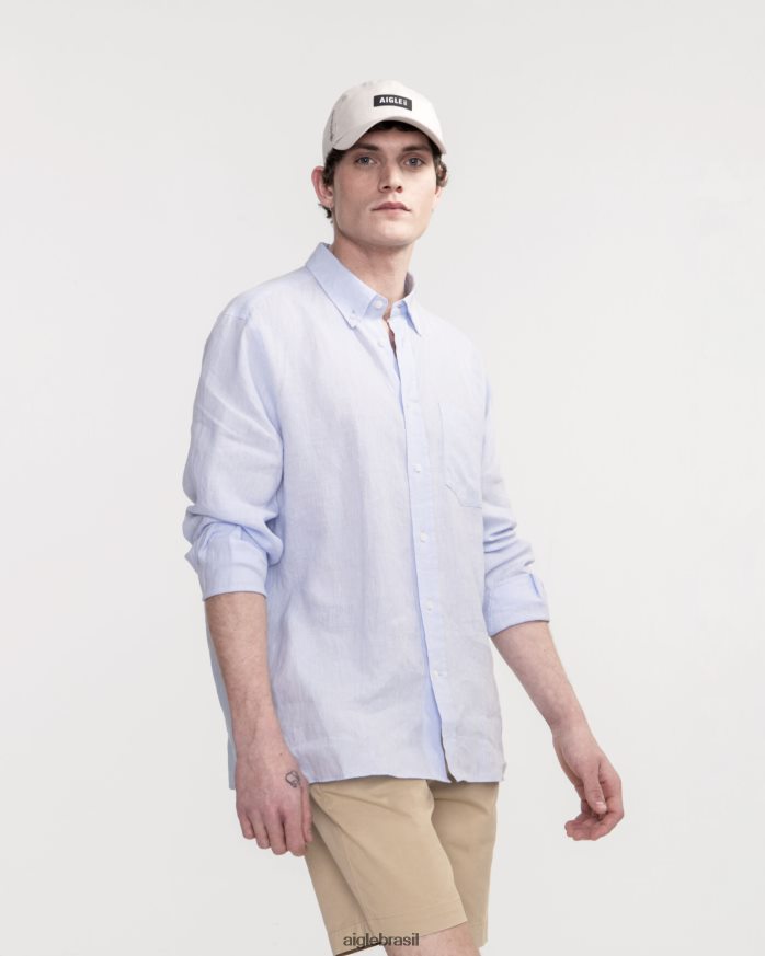 Aigle roupas camisa manga longa em linho azul celeste homens RX2B8822