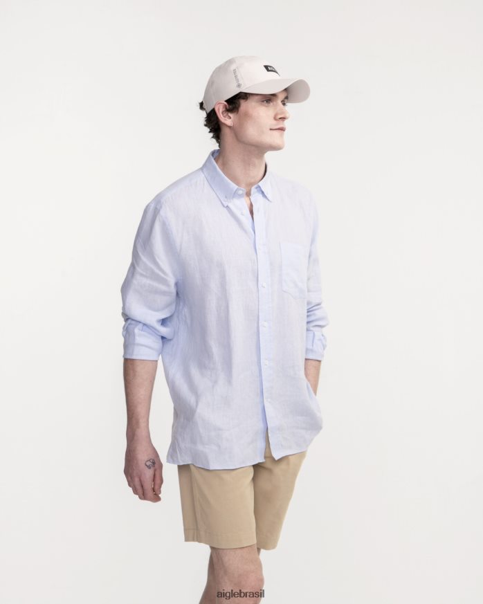 Aigle roupas camisa manga longa em linho azul celeste homens RX2B8822