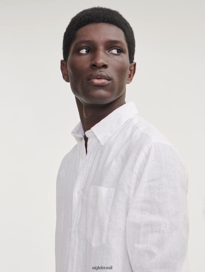 Aigle roupas camisa manga longa em linho branco homens RX2B8832