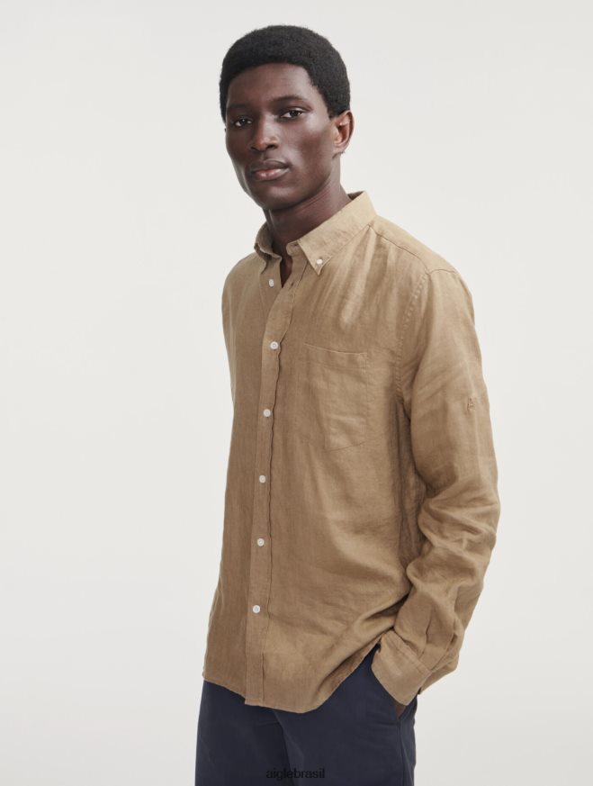 Aigle roupas camisa manga longa em linho capuccino homens RX2B8866