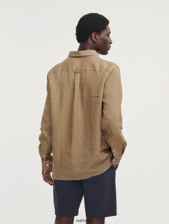 Aigle roupas camisa manga longa em linho capuccino homens RX2B8866