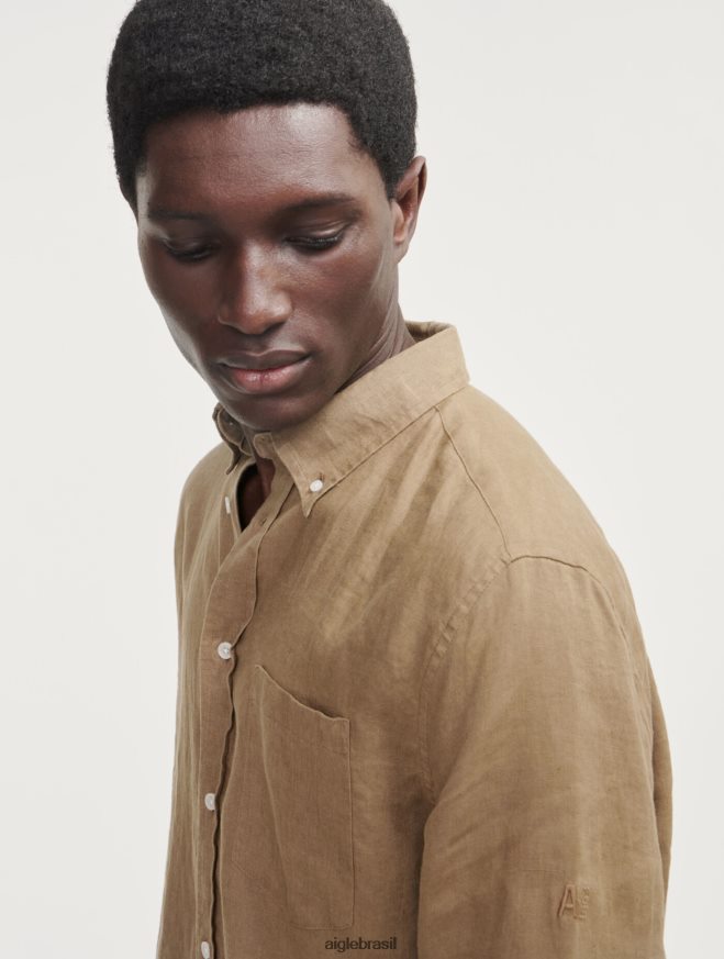 Aigle roupas camisa manga longa em linho capuccino homens RX2B8866