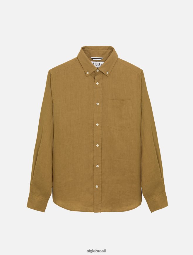 Aigle roupas camisa manga longa em linho capuccino homens RX2B8866