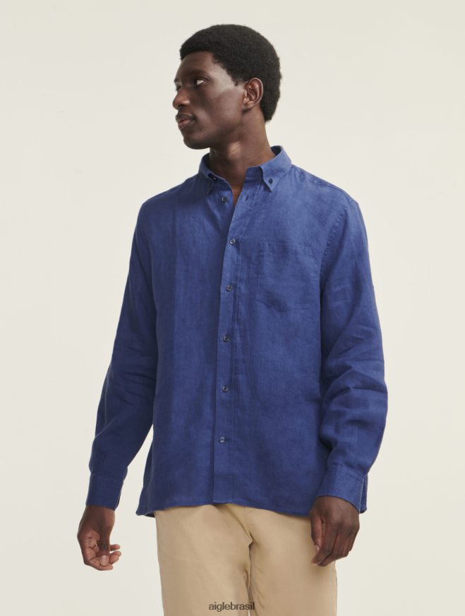 Aigle roupas camisa manga longa em linho encrebleu homens RX2B8895