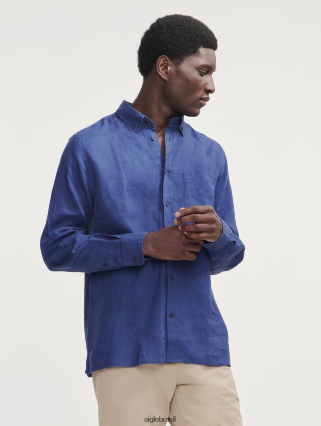 Aigle roupas camisa manga longa em linho encrebleu homens RX2B8895