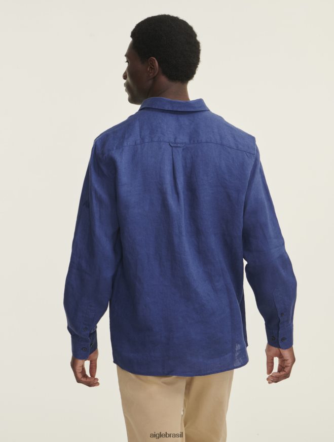 Aigle roupas camisa manga longa em linho encrebleu homens RX2B8895