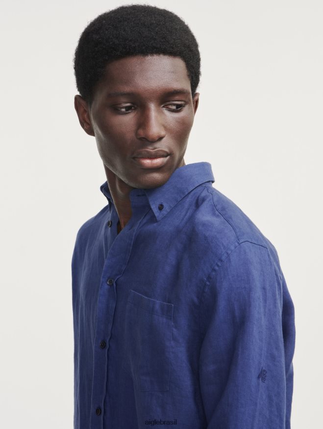 Aigle roupas camisa manga longa em linho encrebleu homens RX2B8895