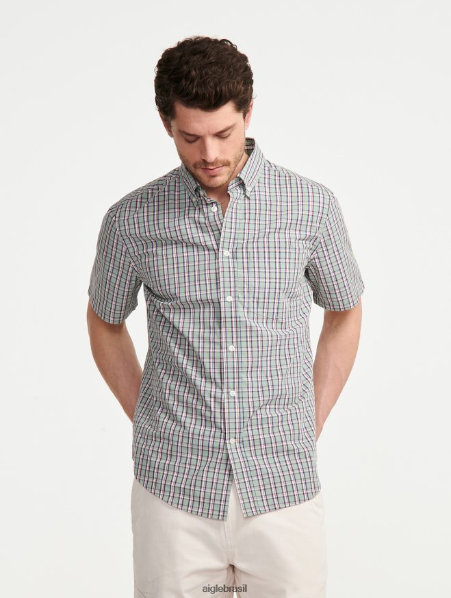 Aigle roupas camisa xadrez manga curta reseda ch homens RX2B8899