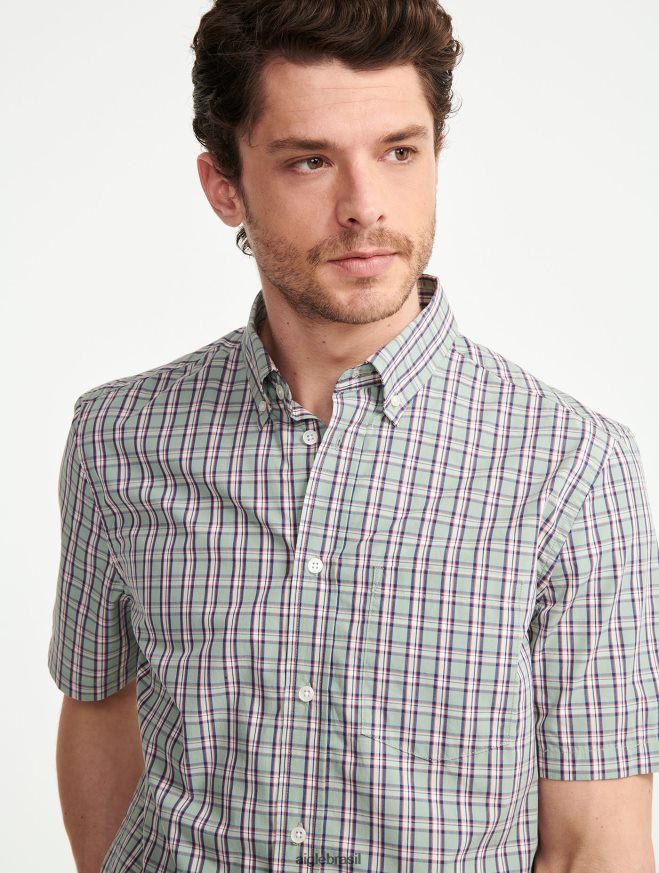 Aigle roupas camisa xadrez manga curta reseda ch homens RX2B8899