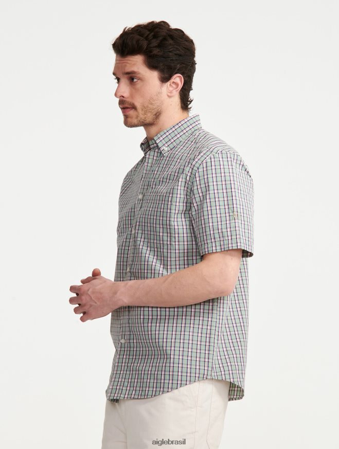 Aigle roupas camisa xadrez manga curta reseda ch homens RX2B8899