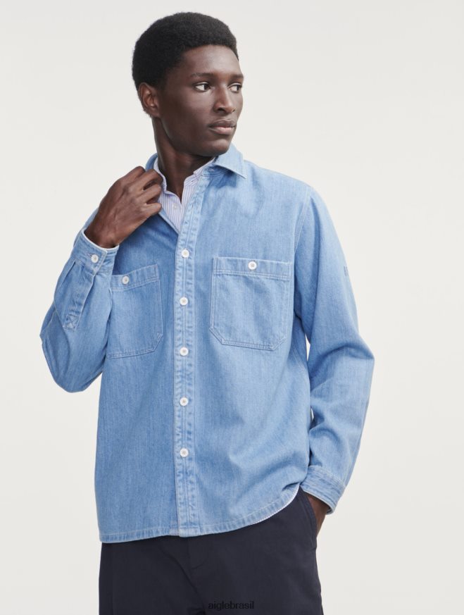 Aigle roupas camiseta jeans manga longa alvejante claro para jeans homens RX2B88112