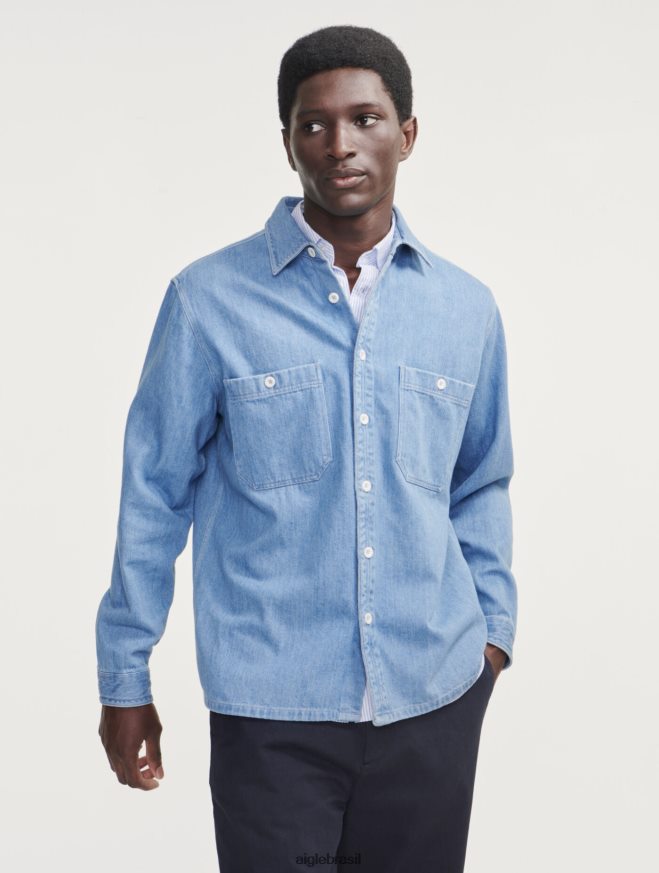 Aigle roupas camiseta jeans manga longa alvejante claro para jeans homens RX2B88112