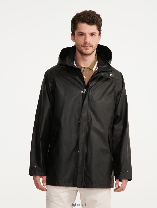 Aigle roupas jaqueta revestida com capuz de comprimento médio preto homens RX2B88213
