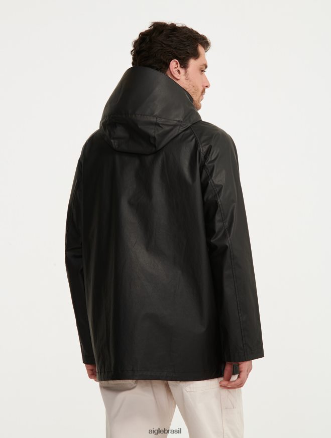 Aigle roupas jaqueta revestida com capuz de comprimento médio preto homens RX2B88213