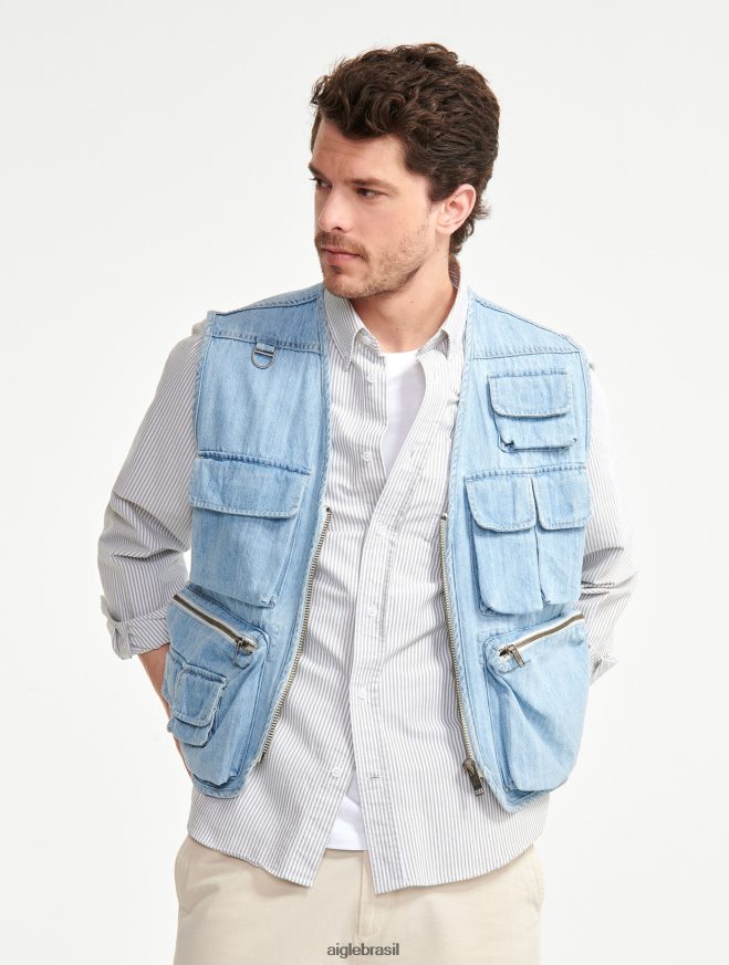 Aigle roupas colete jeans curto sem mangas alvejante claro para jeans homens RX2B88188