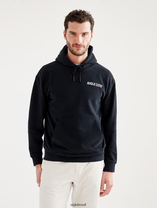 Aigle roupas moletom com capuz estampado preto homens RX2B8838