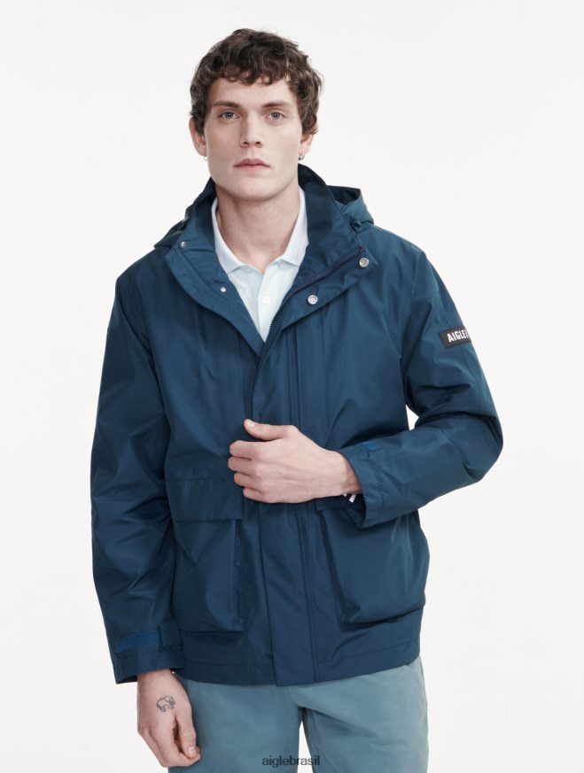 Aigle roupas parka curta gore-tex com capuz destacável tempestade azul eu homens RX2B88170