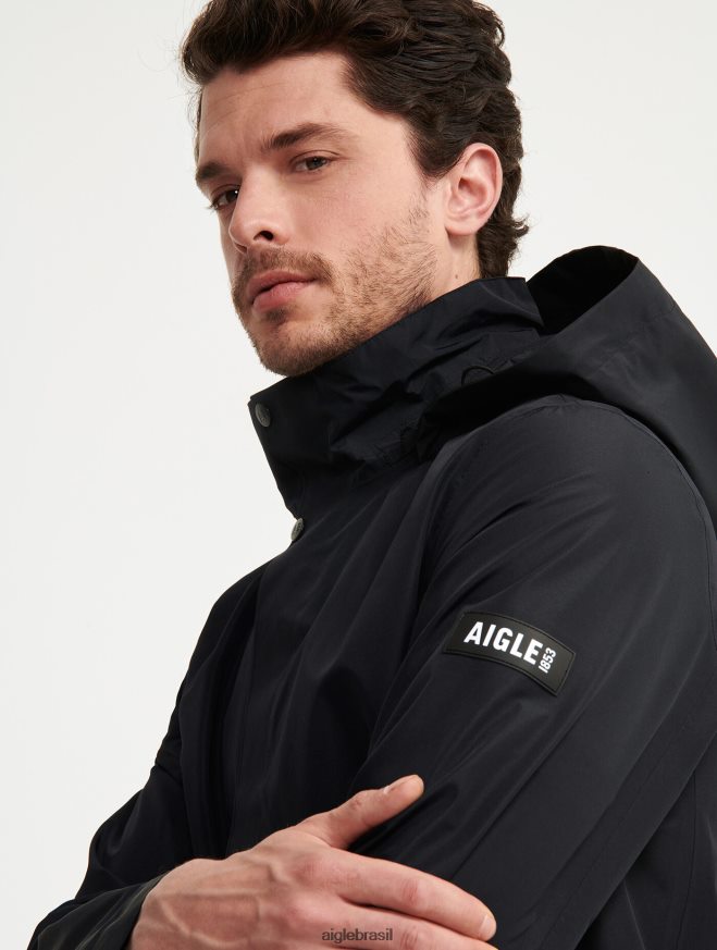 Aigle roupas parka gore-tex com capuz longo preto homens RX2B88168