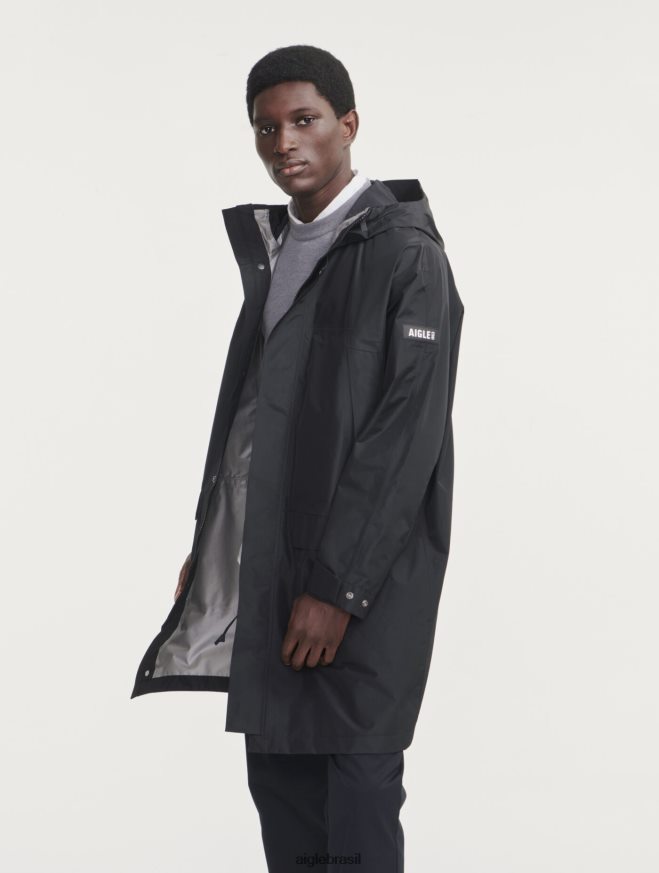 Aigle roupas parka longa gore-tex paclite com capuz duplo preto homens RX2B88158