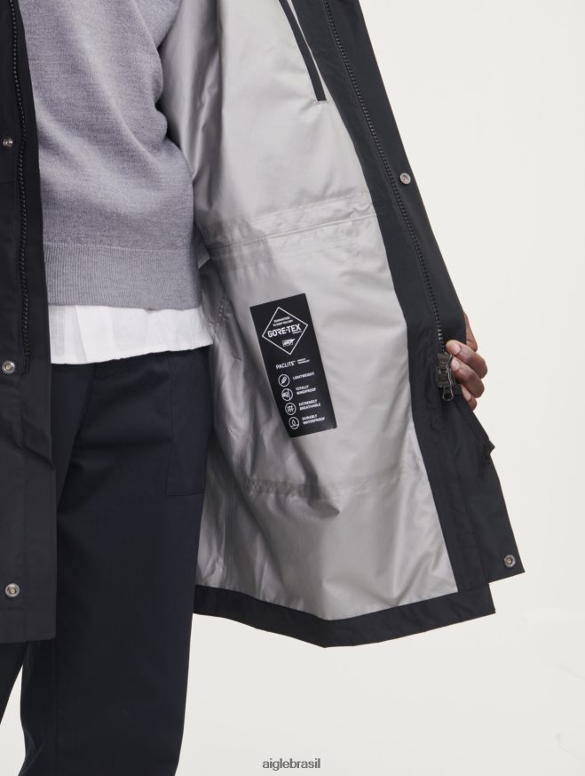 Aigle roupas parka longa gore-tex paclite com capuz duplo preto homens RX2B88158
