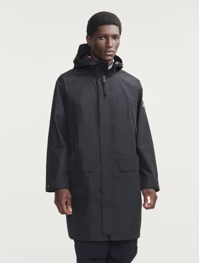 Aigle roupas parka longa gore-tex paclite com capuz duplo preto homens RX2B88158