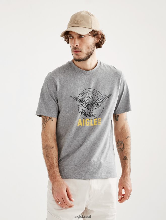 Aigle roupas camiseta estampada com gola redonda urze cinza homens RX2B8854