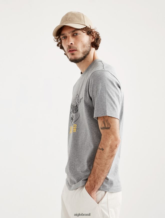 Aigle roupas camiseta estampada com gola redonda urze cinza homens RX2B8854