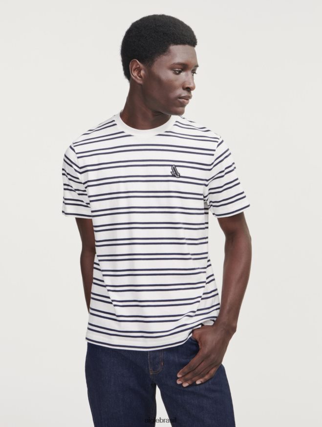 Aigle roupas camiseta listrada com gola redonda rua branca homens RX2B8850