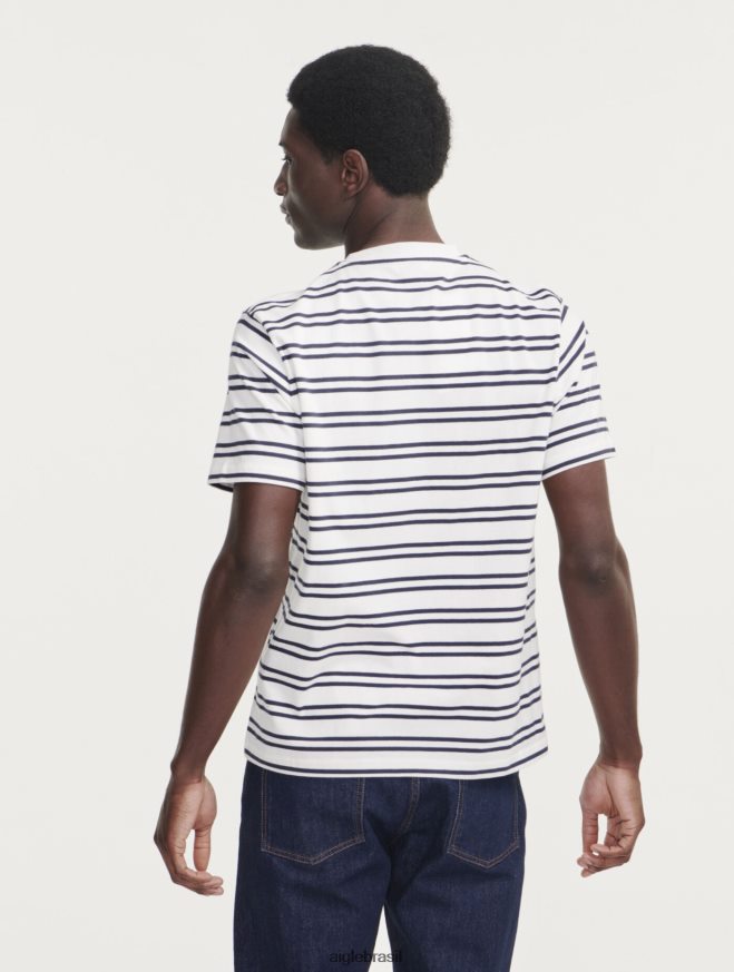 Aigle roupas camiseta listrada com gola redonda rua branca homens RX2B8850